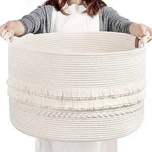 Goodpick White Tassel Large Woven Laundry Basket