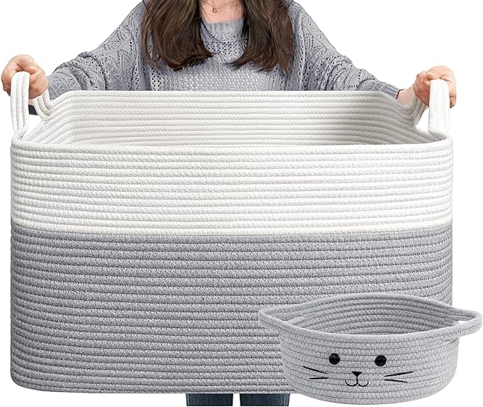 Goodpick Grey Large Storage Square Basket & Cat Gift Basket 2pcs Set