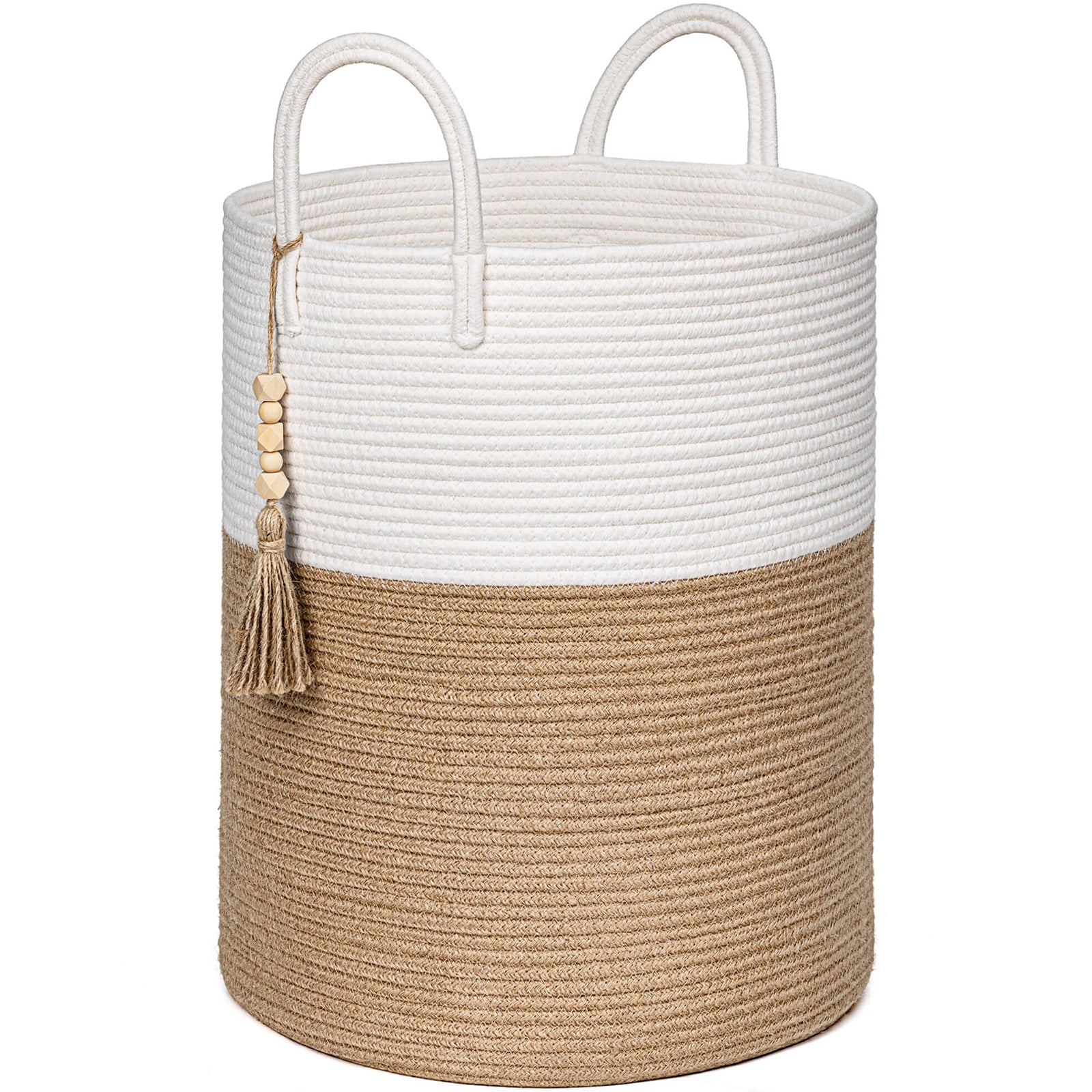 Goodpick White & Jute Tall Wicker Laundry Basket with handles