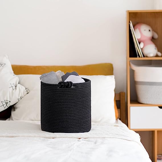 Goodpick 3 Pack Black Cotton Rope Nursery Storage Basket