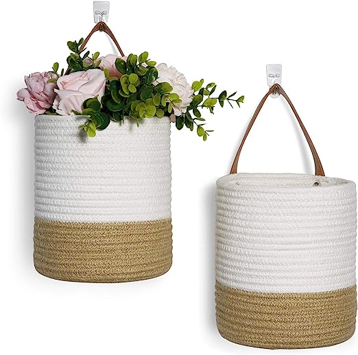 Goodpick Small Jute & White Woven Hanging Basket Decor Set of 2