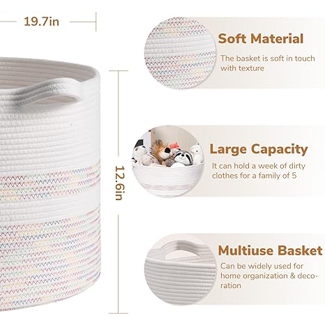 Goodpick 65L Large Rainbow Woven Cotton Rope Storage Basket
