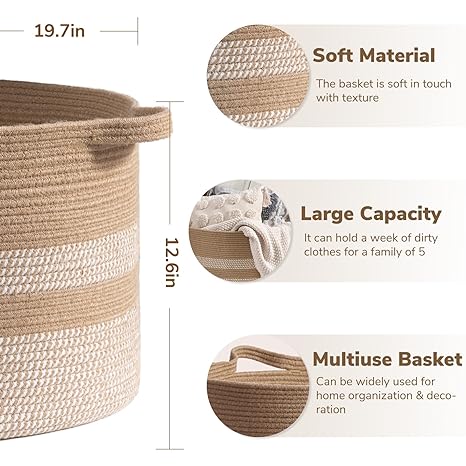 Goodpick 65L Large White & Jute Woven Cotton Rope Storage Basket