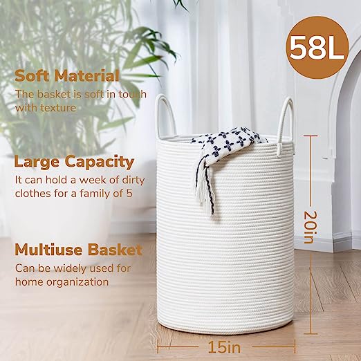 Goodpick White Tall Woven Rope Laundry Basket