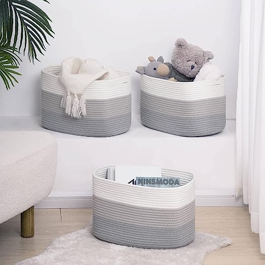 Goodpick White & Grey Woven Storage Basket Set of 3