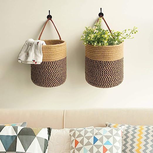Goodpick Small Jute & Black Woven Hanging Basket Decor Set of 2