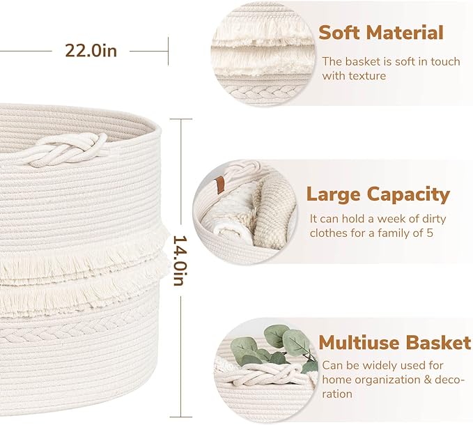 Goodpick White Tassel Large Woven Laundry Basket
