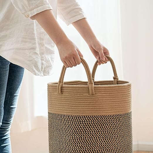 Goodpick Jute & Black Tall Woven Rope Laundry Basket