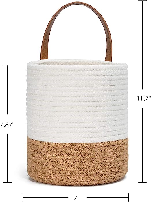 Goodpick Small Jute & White Woven Hanging Basket Decor Set of 2