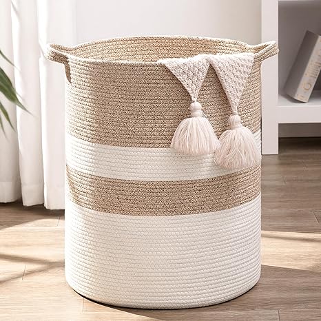 Goodpick 58L White & Light Brown Woven Cotton Rope Storage Basket