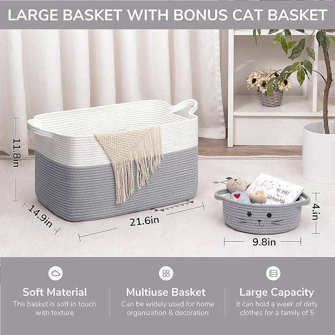Goodpick Grey Large Storage Square Basket & Cat Gift Basket 2pcs Set