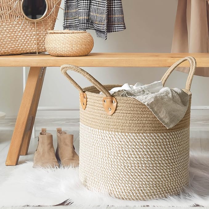 Goodpick Brown&white Woven Storage Basket with Handles