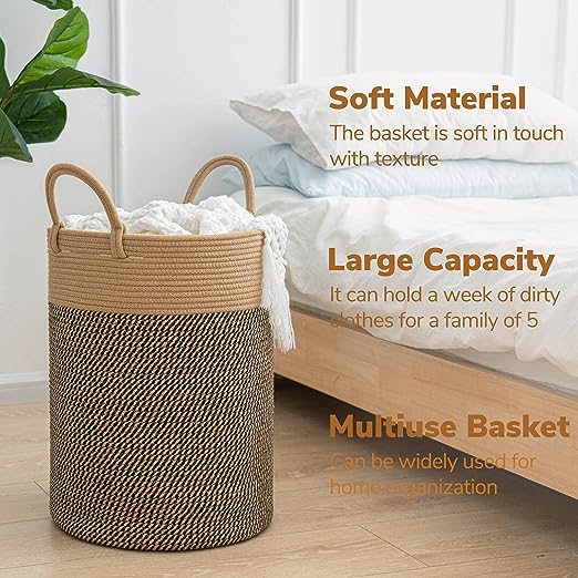 Goodpick Jute & Black Tall Woven Rope Laundry Basket
