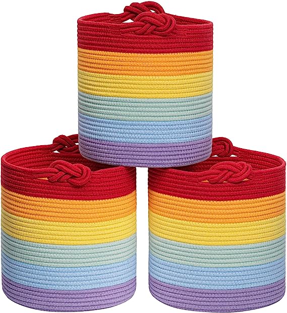 Goodpick 3 Pack Rainbow Cotton Rope Nursery Storage Basket