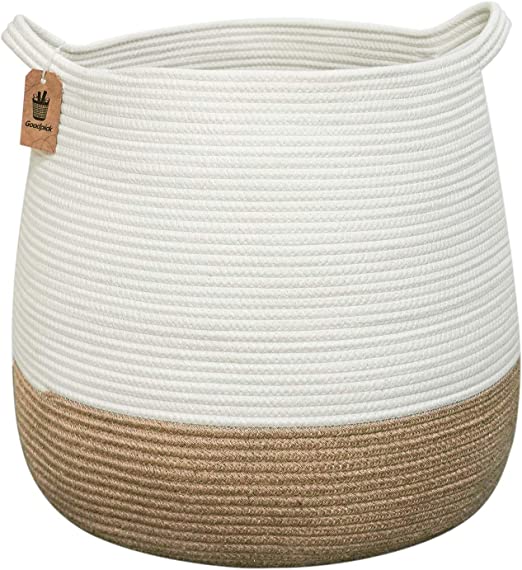Goodpick Jute& White Large Round Woven Laundry Basket
