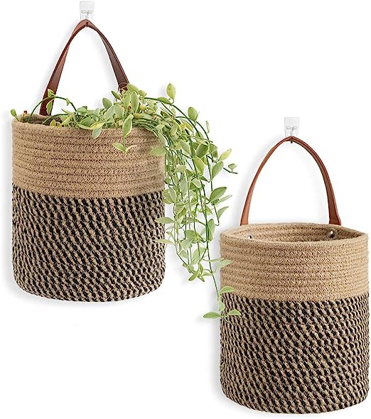 Goodpick Small Jute & Black Woven Hanging Basket Decor Set of 2