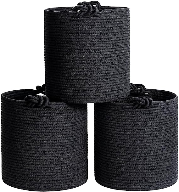 Goodpick 3 Pack Black Cotton Rope Nursery Storage Basket