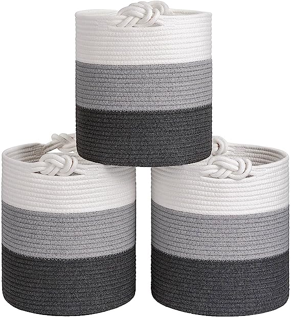 Goodpick 3 Pack White&Grey Cotton Rope Nursery Storage Basket