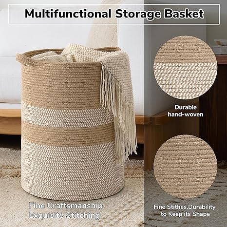 Goodpick 58L White & Jute Woven Cotton Rope Storage Basket