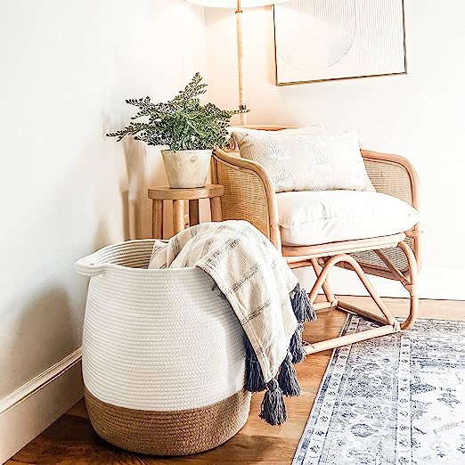 Goodpick Jute& White Large Round Woven Laundry Basket