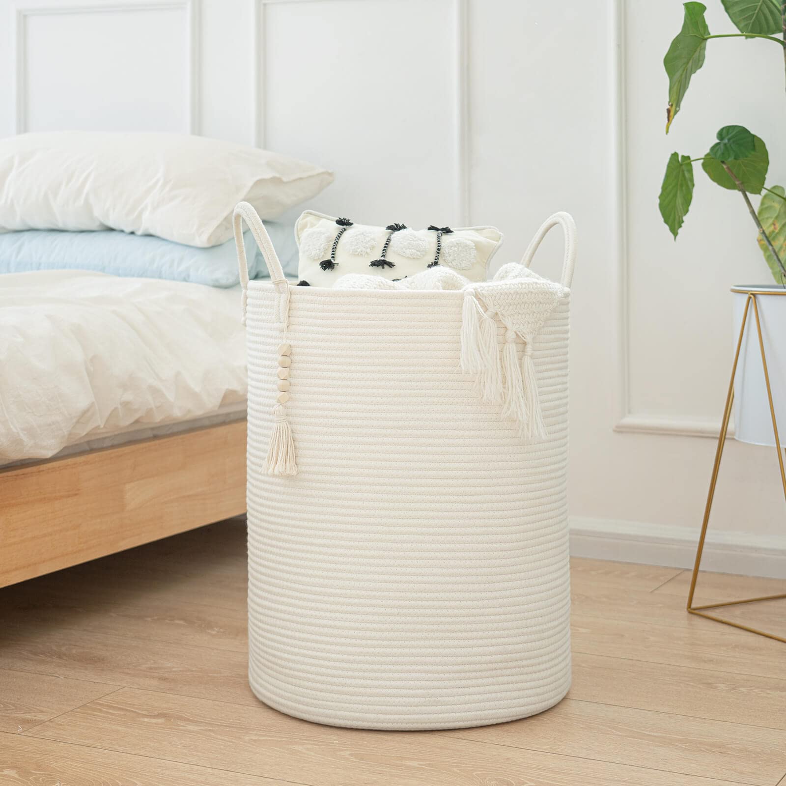 Goodpick White Tall Wicker Laundry Basket with handles